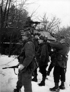 Manoeuvre of US army in wintery Grunewald in Berlin