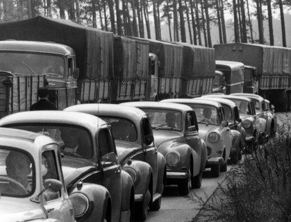 Traffic jams due to held back US convoy at border crossing point Dreilinden