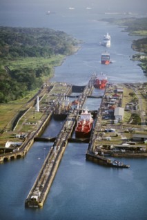 Ships passing through locks, Panama Canal, Panama
