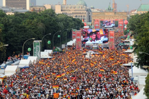 Soccer fans watch the UEFA EURO 2008 semi-final match Germany vs Turkey on the fan mile at
