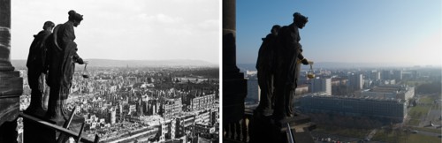 The composite picture shows two birds eye views of the destroyed city centre of Dresden