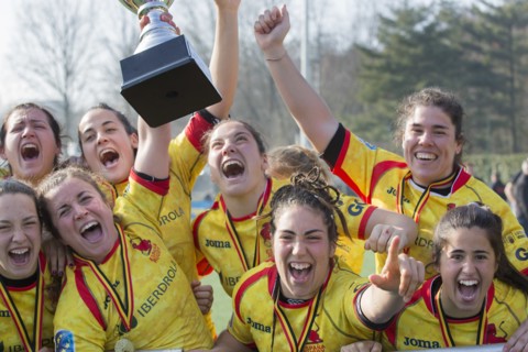 03 March 2018, Belgium, Brussels: Rugby Europe Women XV Championship 2018. Isabel Rico and Lourdes