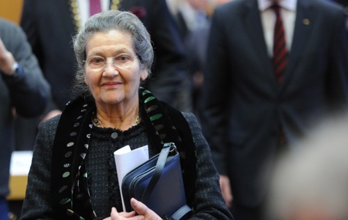 French politician Simone Veil looks on as she is awarded with the Heinrich Heine Prize in