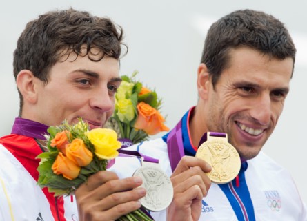 Silver medalist Sideris Tasiadis (L) of Germany and Tony Estanguet of France