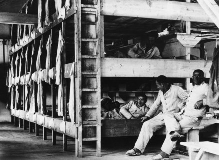 Häftlinge auf ihren Pritschen in einer Baracke des KZ Dachau. Um den zahlreichen Berichten in der