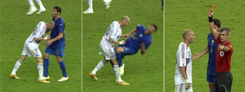 epa01094126 (FILES) This file combo of TV grabs shows the foul of Zinedine Zidane of France to