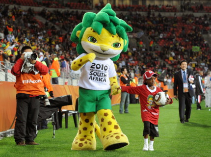 Zakumi, the official FIFA 2010 World Cup mascot, is seen before the FIFA World Cup 2010 3rd place