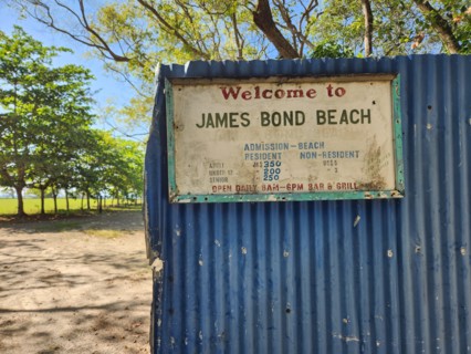 A sign on the entrance gate welcomes visitors to James Bond Beach in the northern Jamaican town.