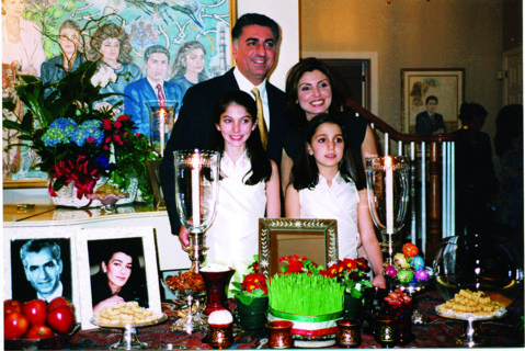 Nowrouz 2003 at Farah Pahlavi's home. Standing behind the table, Reza, Yasmine, Noor and Iman