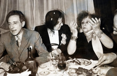 From left to right, Cocteau, Mrs Bidault, Colette,  February 1950