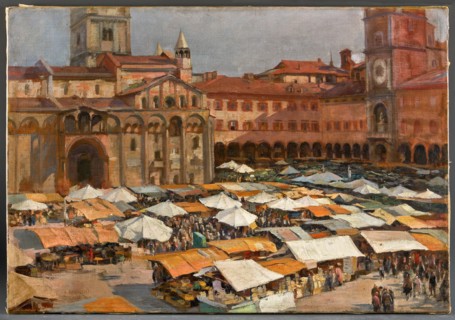 Augusto Baracchi (1878-1942), " Market in Piazza Grande in Modena"