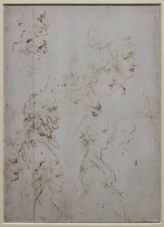 "Heads and Figure in Bust Length Views, one in three quarter length", by Leonardo da Vinci, pen and two different brown inks