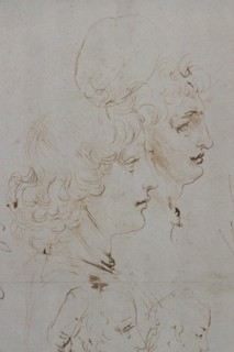 "Heads and Figure in Bust Length Views, one in three quarter length", by Leonardo da Vinci, pen and two different brown inks