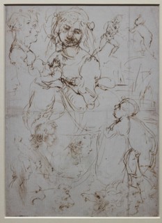 "Heads and Figure in Profile Views, The Virgin Mary nursing Infant Jesus in a Landscape and Infant St. John, a Lion Head and a Dragon" by Leonardo da Vinci