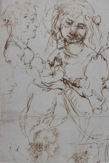 "Heads and Figure in Profile Views, The Virgin Mary nursing Infant Jesus in a Landscape and Infant St. John, a Lion Head and a Dragon" by Leonardo da Vinci