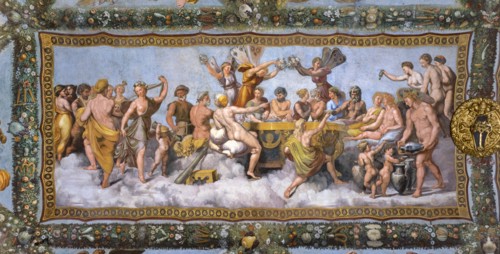 Rome, Villa Farnesina, Loggia of Cupid and Psyche: view of the vault with the Marriage of Cupid and Psyche, the symbolic culmination of the entire cycle