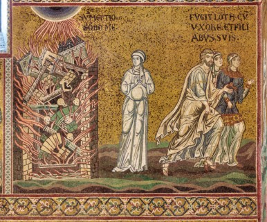 Monreale, Duomo: "Lot's wife, trasformed into a salt statue, observes the destruction of Sodom in flames, while Lot and his daughters flee"