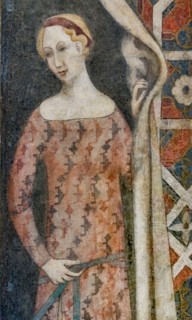 Woman drawing a drape with a geometrical pattern