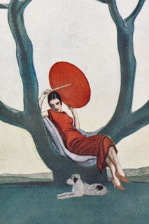 “Donna su albero con parasole rosso. La Lettura, 1° luglio 1925"