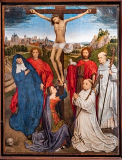 “Crucified Christ with the Virgin, St. John the Baptist and the Evangelist, Mary Magdalena and two cistercian abbots”, by Hans Memling