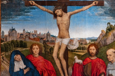 “Crucified Christ with the Virgin, St. John the Baptist and the Evangelist, Mary Magdalena and two cistercian abbots”, by Hans Memling