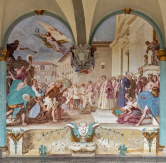 Medici Villa La Petraia, courtyard: “Cosimo II receives the winners of the Bona's feat”, fresco