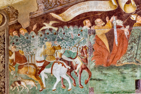 Clusone, Oratory of Disciplini or St. Bernardino, façade: frescoes with the Triumph of Death on