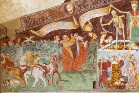Clusone, Oratory of Disciplini or St. Bernardino, façade: frescoes with the Triumph of Death on