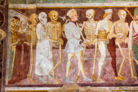 Clusone, Oratory of Disciplini or St. Bernardino, façade: frescoes with the Triumph of Death on