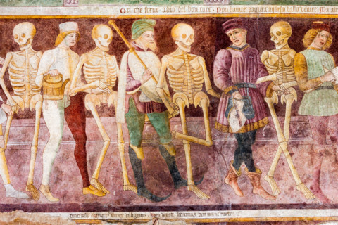 Clusone, Oratory of Disciplini or St. Bernardino, façade: frescoes with the Triumph of Death on