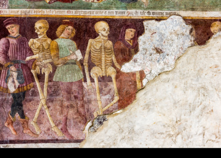 Clusone, Oratory of Disciplini or St. Bernardino, façade: frescoes with the Triumph of Death on