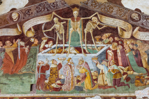 Clusone, Oratory of Disciplini or St. Bernardino, façade: frescoes with the Triumph of Death on