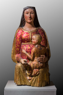 Bergamo, Bernareggi Museum; Madonna with Infant Jesus, statue in carved, painted and golden wood,