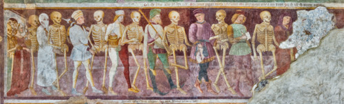 Clusone, Oratory of Disciplini or St. Bernardino, façade: frescoes with the Triumph of Death on