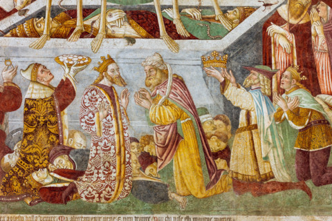 Clusone, Oratory of Disciplini or St. Bernardino, façade: frescoes with the Triumph of Death on