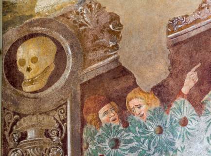 Clusone, Oratory of Disciplini or St. Bernardino, façade: frescoes with the Triumph of Death on
