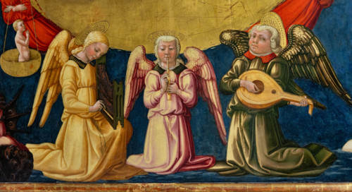 “Coronation of the Virgin”, by Neri di Bicci, 1473, painting on panel. Detail with angels playing