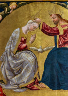 “Coronation of the Virgin”, by Neri di Bicci, 1473, painting on panel. Detail of the Virgin,