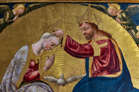 “Coronation of the Virgin”, by Neri di Bicci, 1473, painting on panel. Detail of the Virgin,