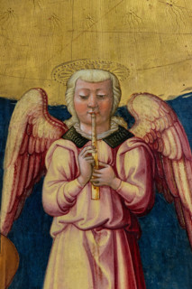 “Coronation of the Virgin”, by Neri di Bicci, 1473, painting on panel. Detail with angel playing