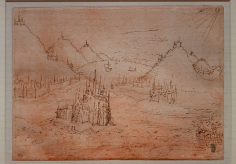 “Chiese gotiche e città in un paesaggio montuoso”, di Antonio di Puccio, detto il Pisanello, penna