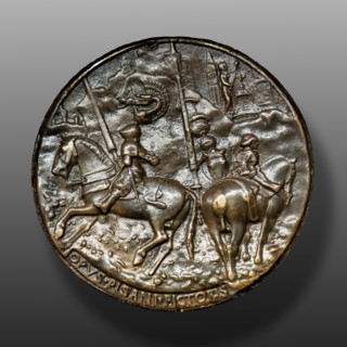 “Filippo Maria Visconti in armi con scudieri”, medaglia in bronzo di Pisanello (Antonio di Puccio