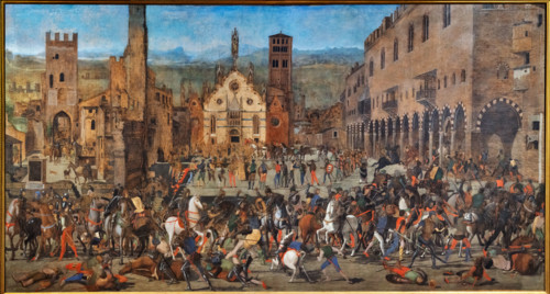 “La cacciata dei Bonacolsi”, di Domenico Morone, tempera grassa su tela, 1494.

Il quadro fu