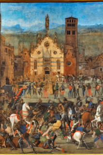 “La cacciata dei Bonacolsi”, di Domenico Morone, tempera grassa su tela, 1494.

Il quadro fu