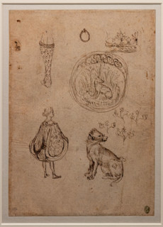 “Studi vari: gamba, anello, corona, uomo in abiti contemporanei, emblema con cane e fiori”, di