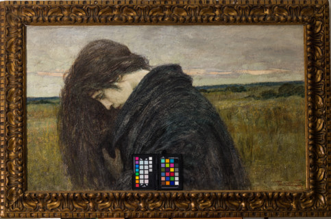 “Studio di testa - motivo elegiacvo” di Cesare Laurenti (FE 1854 - 1936).
Olio su cartone, cm. 57