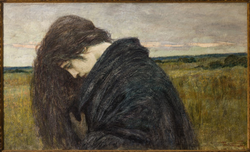 “Studio di testa - motivo elegiacvo” di Cesare Laurenti (FE 1854 - 1936).
Olio su cartone, cm. 57