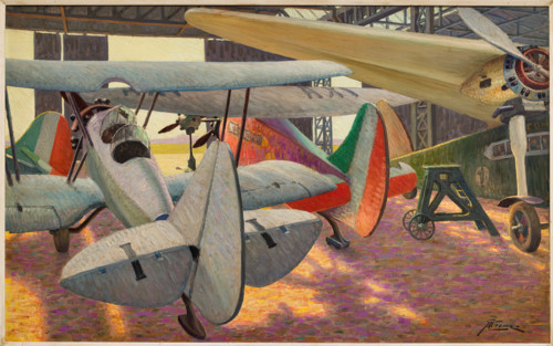 “ Hangar con aerei” di Giovanni Battista Crema (FE 1883 - 1964).
Olio su tavola, cm. 70 x 111