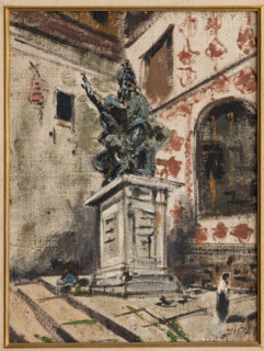 “Cortile a Bologna” di Filippo De Pisis (Ferrara, 1856-1956), olio su tela, cm. 62 x 46