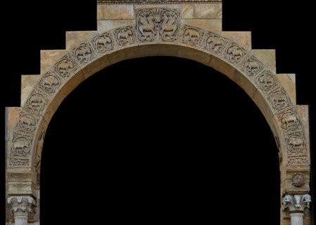 Fidenza, Duomo (Cattedrale di San Donnino), portale destro: l’arco del protiro con le otto formelle